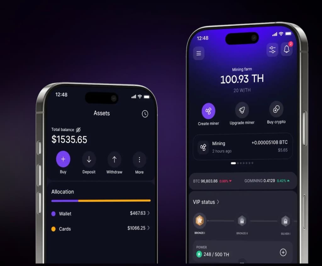 NoorHash App — Mining Farm and Assets Screens